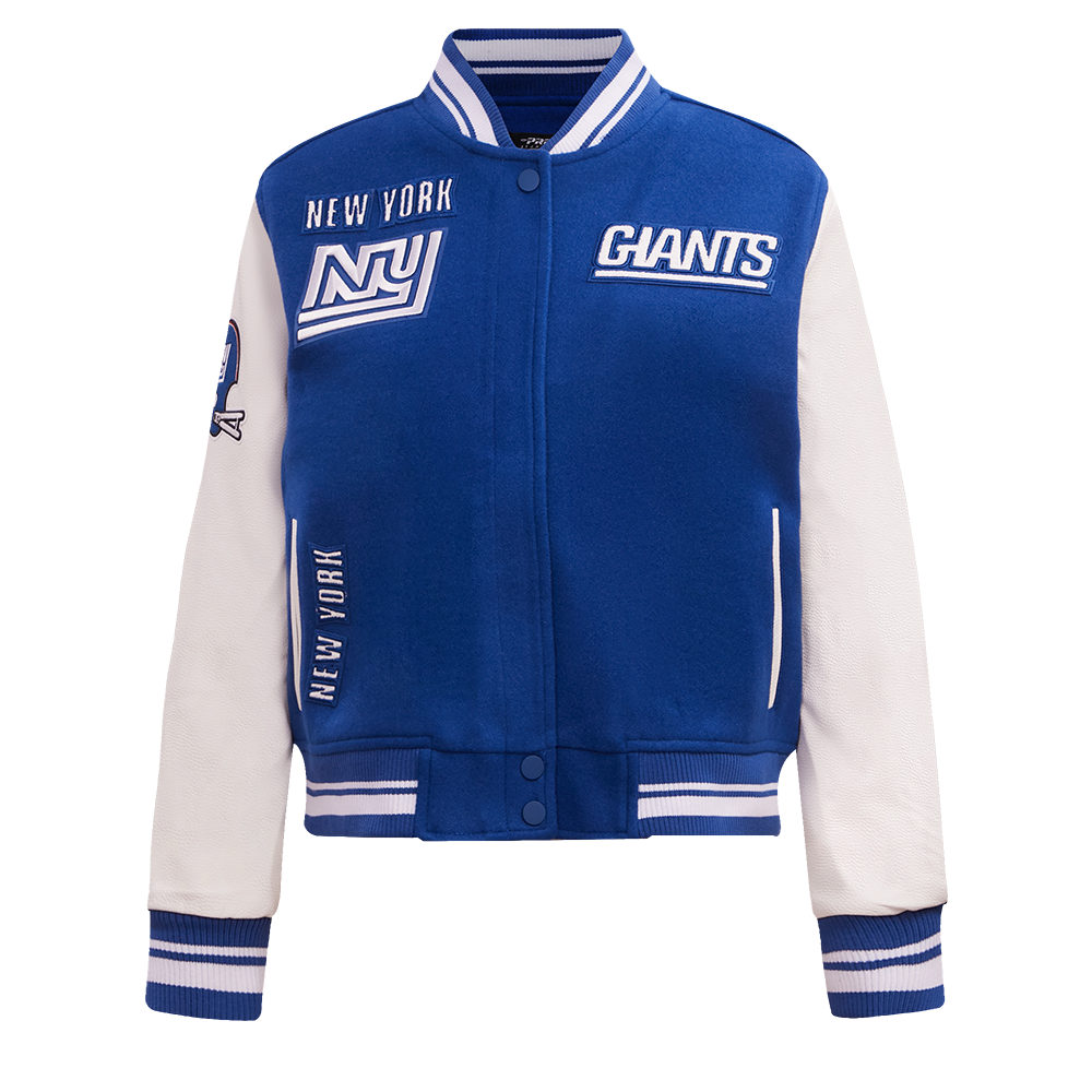 NFL NEW YORK GIANTS RETRO CLASSIC BLOUSON COLLÉGIAL EN LAINE À BORDS CÔTELÉS POUR FEMME (BLEU DODGER/BLANC)