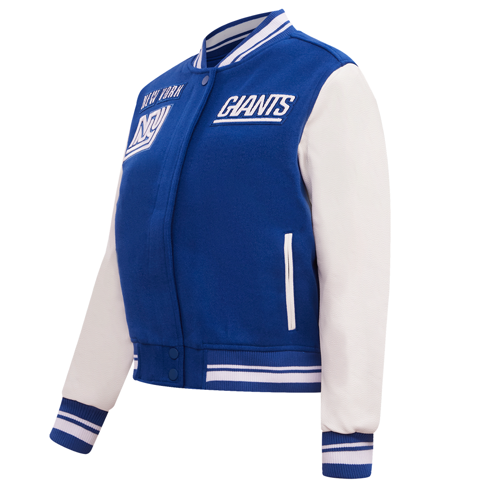 NFL NEW YORK GIANTS RETRO CLASSIC BLOUSON COLLÉGIAL EN LAINE À BORDS CÔTELÉS POUR FEMME (BLEU DODGER/BLANC)