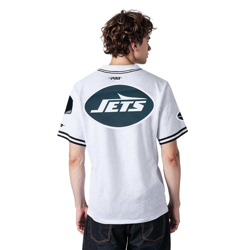 NFL NEW YORK JETS CLASSIC MESH MEN'S BUTTON DOWN SHIRT (WHITE/BLACK/WHITE)