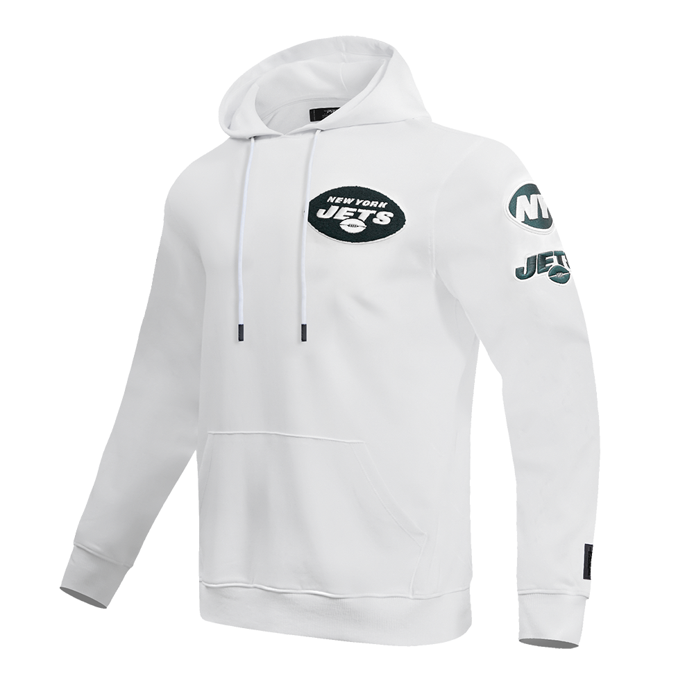 NFL NEW YORK JETS CLASSIC CHENILLE MEN'S DOUBLE KNIT PULLOVER HOODIE (WHITE)