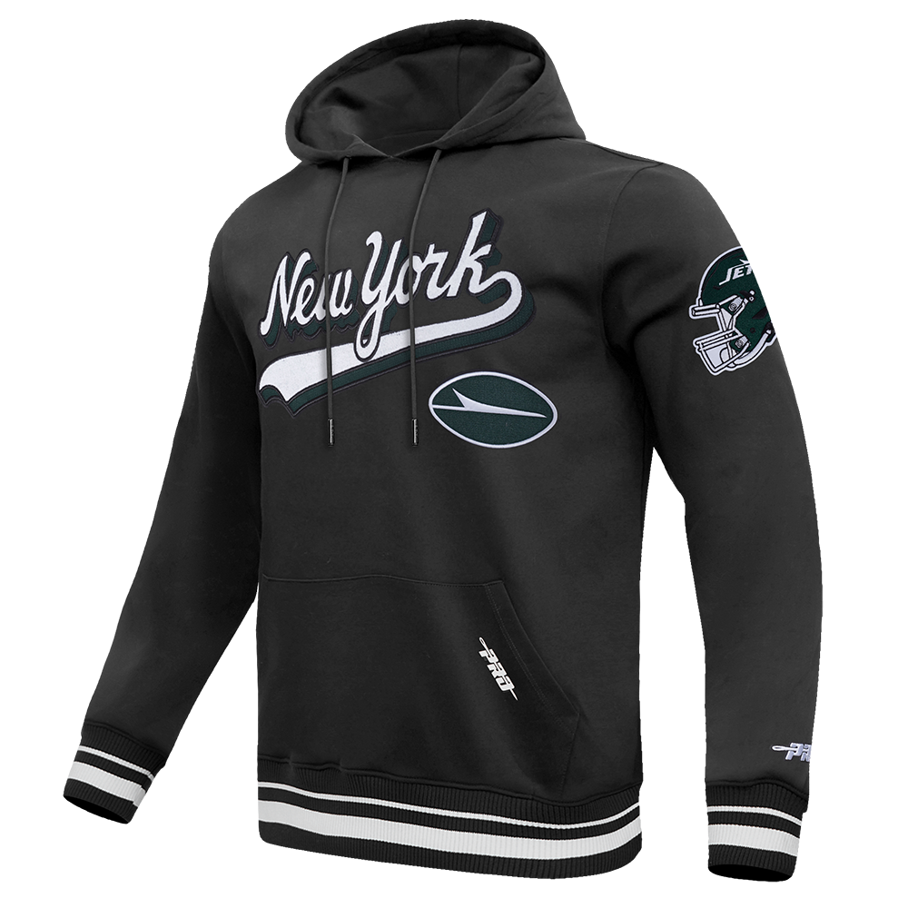 NFL NEW YORK JETS SCRIPT TAIL MEN'S RIB FLC PO HOODIE (BLACK)