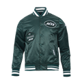 NFL NEW YORK JETS OLD ENGLISH MEN'S RIB SATIN JACKET (FOREST GREEN)