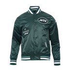 NFL NEW YORK JETS OLD ENGLISH MEN'S RIB SATIN JACKET (FOREST GREEN)