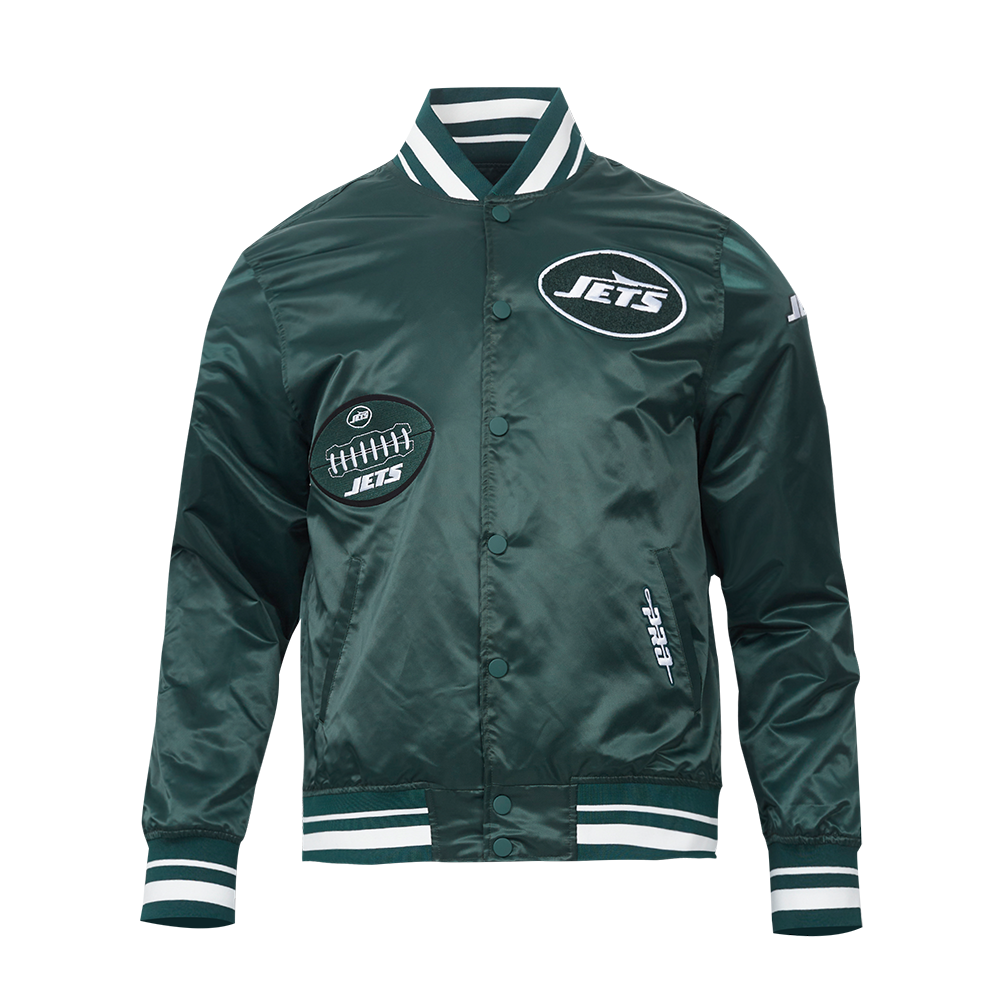 NFL NEW YORK JETS OLD ENGLISH MEN'S RIB SATIN JACKET (FOREST GREEN)