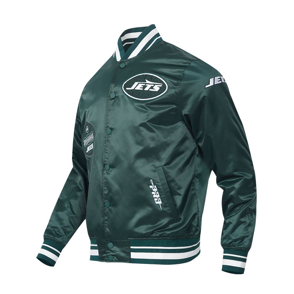 NFL NEW YORK JETS OLD ENGLISH MEN'S RIB SATIN JACKET (FOREST GREEN)