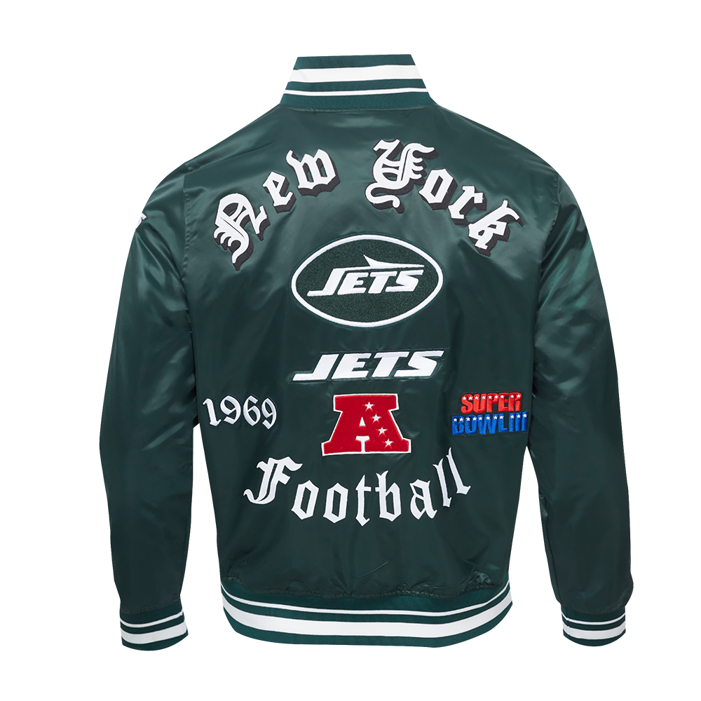 NFL NEW YORK JETS OLD ENGLISH MEN'S RIB SATIN JACKET (FOREST GREEN)