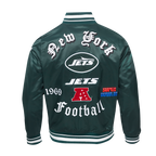 NFL NEW YORK JETS OLD ENGLISH MEN'S RIB SATIN JACKET (FOREST GREEN)