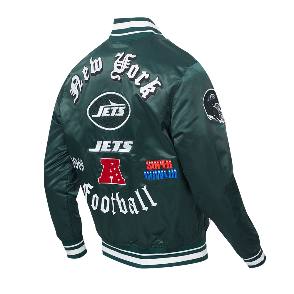 NFL NEW YORK JETS OLD ENGLISH MEN'S RIB SATIN JACKET (FOREST GREEN)