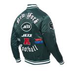 NFL NEW YORK JETS OLD ENGLISH MEN'S RIB SATIN JACKET (FOREST GREEN)
