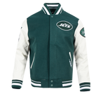 NFL NEW YORK JETS OLD ENGLISH MEN'S RIB WOOL VARSITY JACKET (FOREST GREEN/WHITE)
