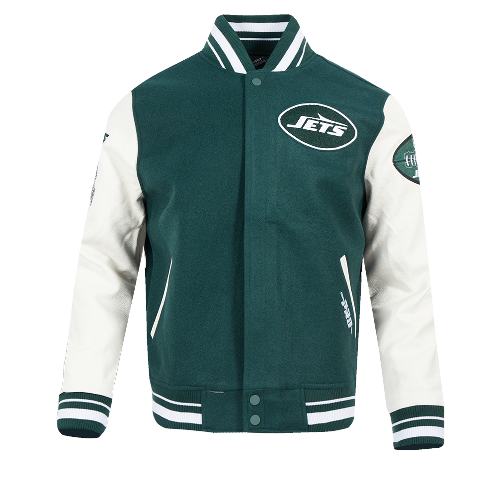 NFL NEW YORK JETS OLD ENGLISH MEN'S RIB WOOL VARSITY JACKET (FOREST GREEN/WHITE)