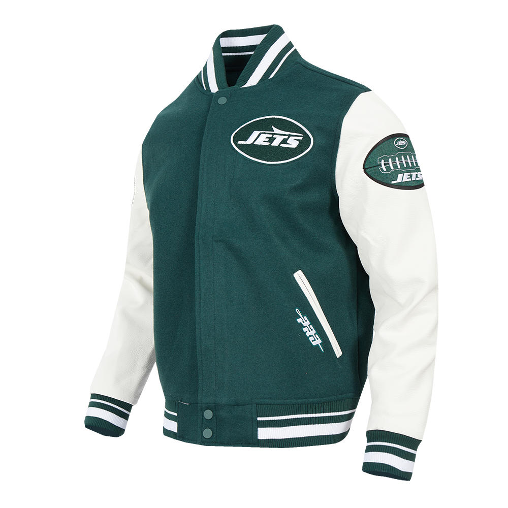 NFL NEW YORK JETS OLD ENGLISH MEN'S RIB WOOL VARSITY JACKET (FOREST GREEN/WHITE)