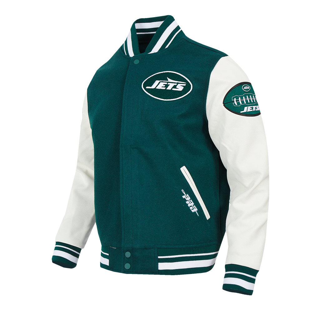 NFL NEW YORK JETS OLD ENGLISH MEN'S RIB WOOL VARSITY JACKET (FOREST GREEN/WHITE)