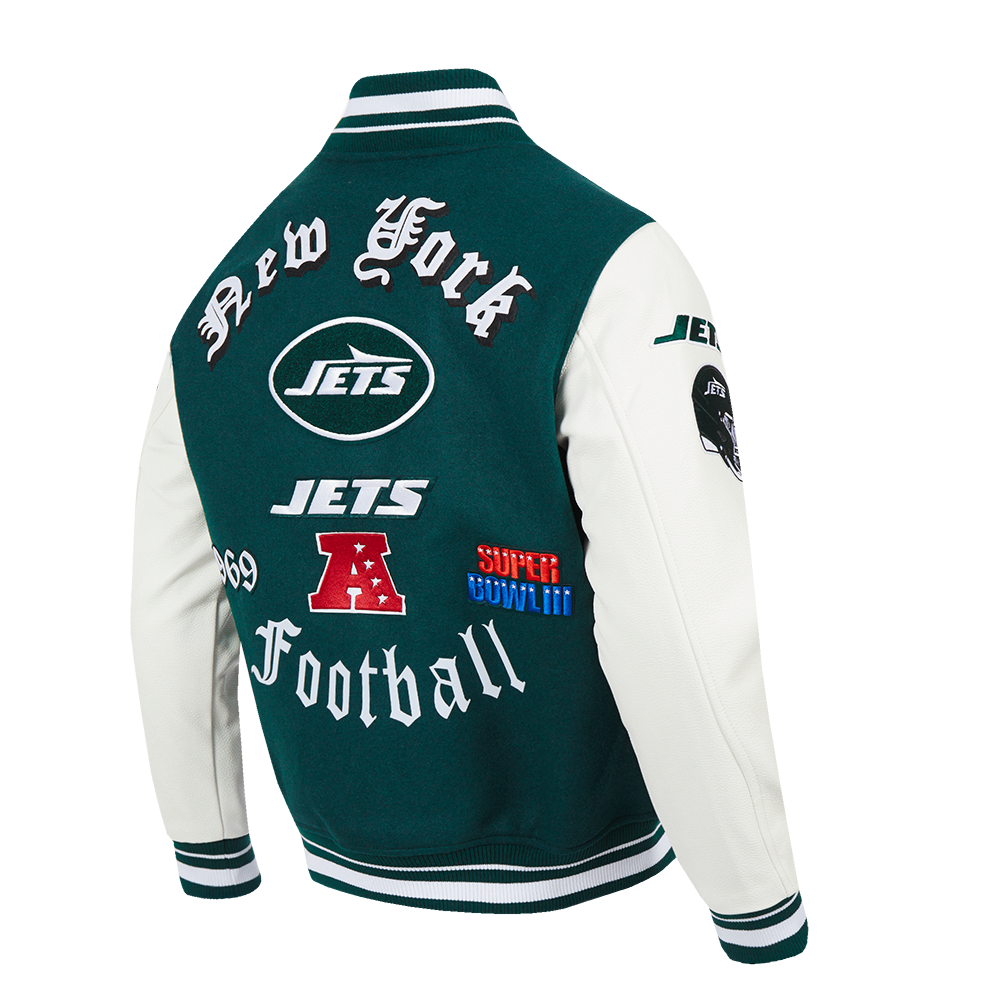 NFL NEW YORK JETS OLD ENGLISH MEN'S RIB WOOL VARSITY JACKET (FOREST GREEN/WHITE)