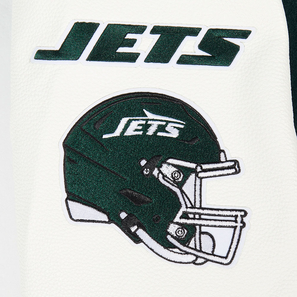 NFL NEW YORK JETS OLD ENGLISH MEN'S RIB WOOL VARSITY JACKET (FOREST GREEN/WHITE)