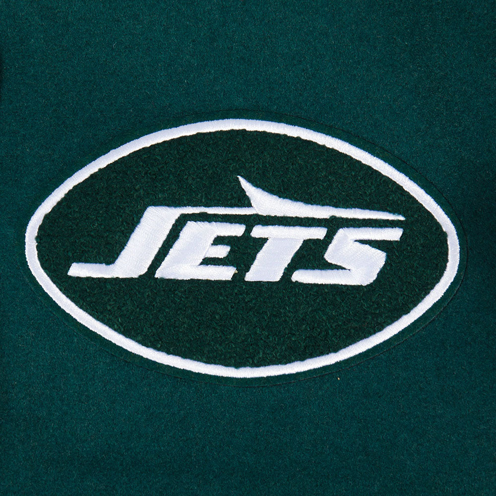 NFL NEW YORK JETS OLD ENGLISH MEN'S RIB WOOL VARSITY JACKET (FOREST GREEN/WHITE)