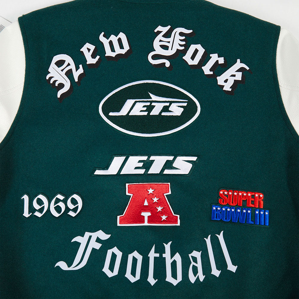 NFL NEW YORK JETS OLD ENGLISH MEN'S RIB WOOL VARSITY JACKET (FOREST GREEN/WHITE)