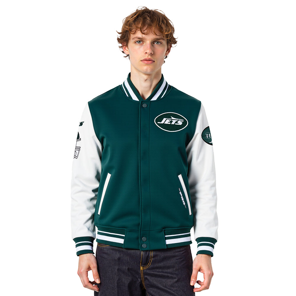 NFL NEW YORK JETS OLD ENGLISH MEN'S RIB WOOL VARSITY JACKET (FOREST GREEN/WHITE)