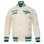 NFL NEW YORK JETS RETRO CLASSIC BLOUSON EN SATIN À BORDS CÔTELÉS POUR HOMME (COQUILLE D'ŒUF/VERT KELLY)