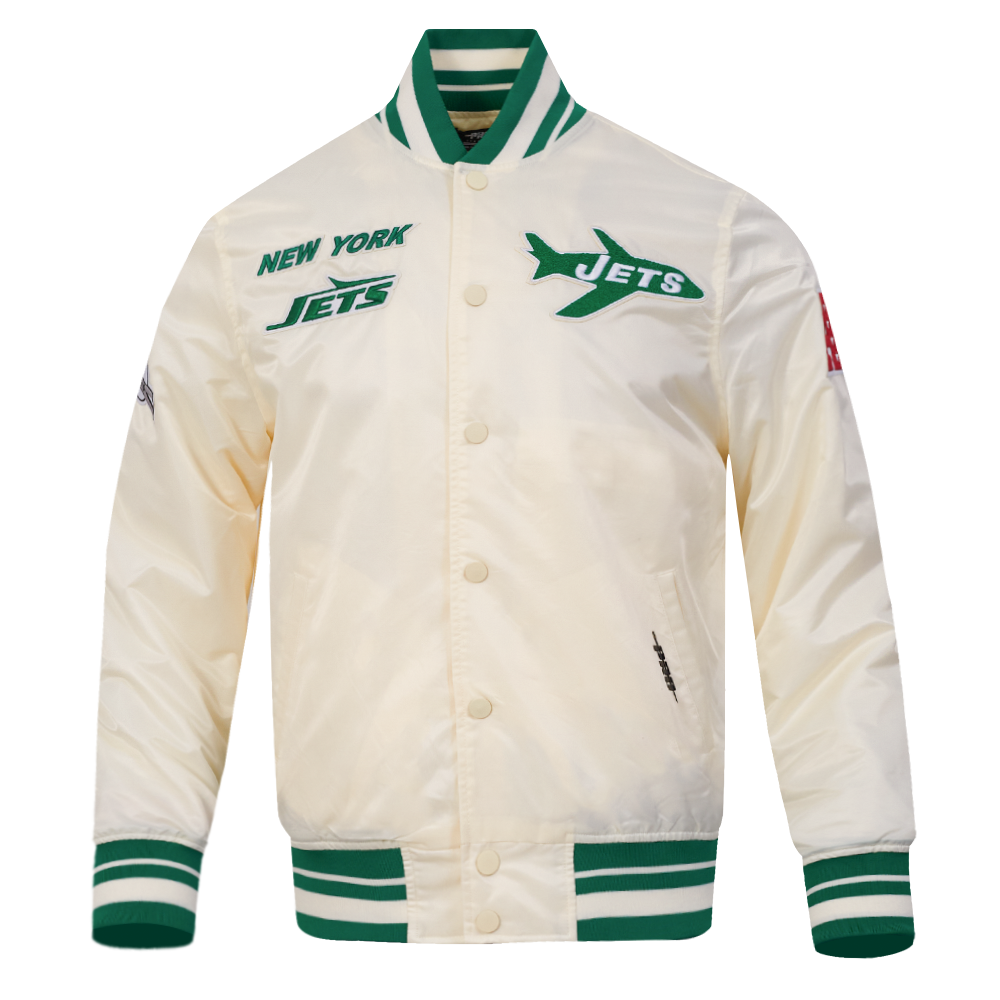 NFL NEW YORK JETS RETRO CLASSIC BLOUSON EN SATIN À BORDS CÔTELÉS POUR HOMME (COQUILLE D'ŒUF/VERT KELLY)