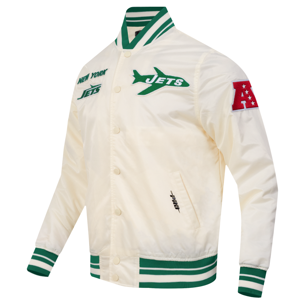 NFL NEW YORK JETS RETRO CLASSIC BLOUSON EN SATIN À BORDS CÔTELÉS POUR HOMME (COQUILLE D'ŒUF/VERT KELLY)