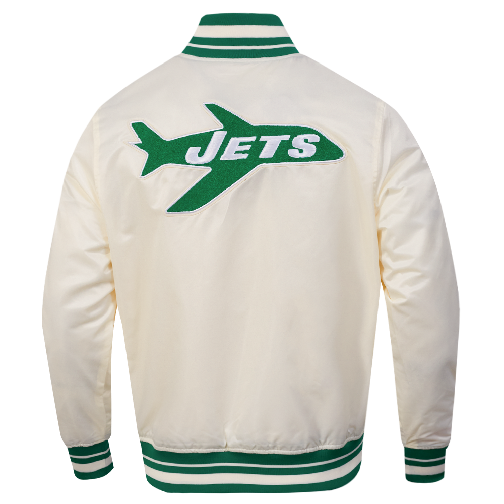NFL NEW YORK JETS RETRO CLASSIC BLOUSON EN SATIN À BORDS CÔTELÉS POUR HOMME (COQUILLE D'ŒUF/VERT KELLY)