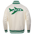 NFL NEW YORK JETS RETRO CLASSIC BLOUSON EN SATIN À BORDS CÔTELÉS POUR HOMME (COQUILLE D'ŒUF/VERT KELLY)