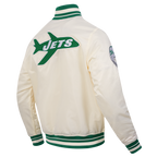 NFL NEW YORK JETS RETRO CLASSIC BLOUSON EN SATIN À BORDS CÔTELÉS POUR HOMME (COQUILLE D'ŒUF/VERT KELLY)