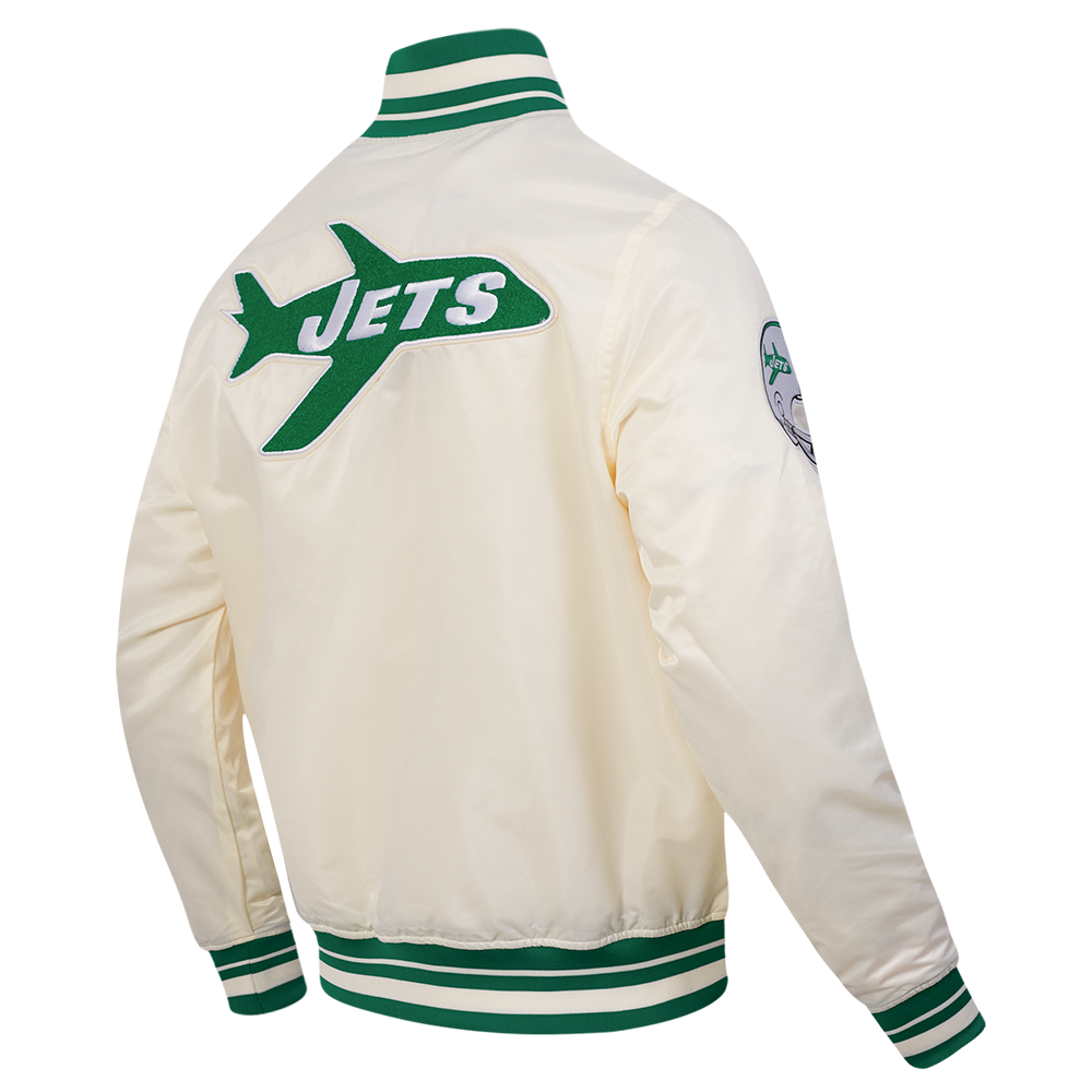 NFL NEW YORK JETS RETRO CLASSIC BLOUSON EN SATIN À BORDS CÔTELÉS POUR HOMME (COQUILLE D'ŒUF/VERT KELLY)