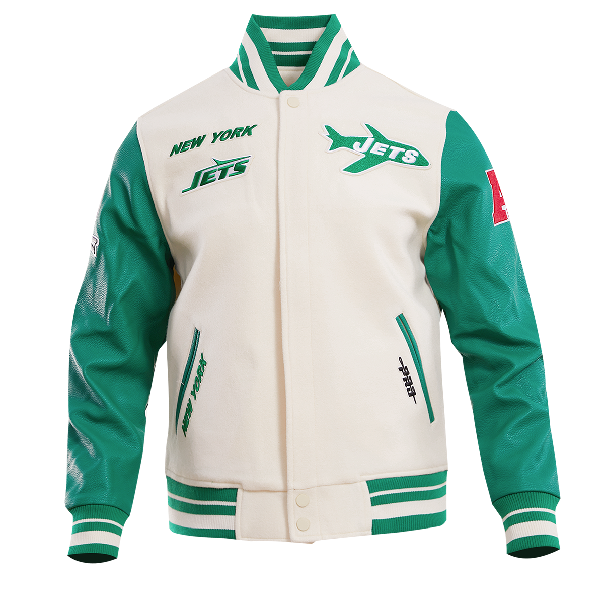 NFL NEW YORK JETS RETRO CLASSIC BLOUSON COLLÉGIAL EN LAINE À BORDS CÔTELÉS POUR HOMME (COQUILLE D'ŒUF/VERT KELLY)