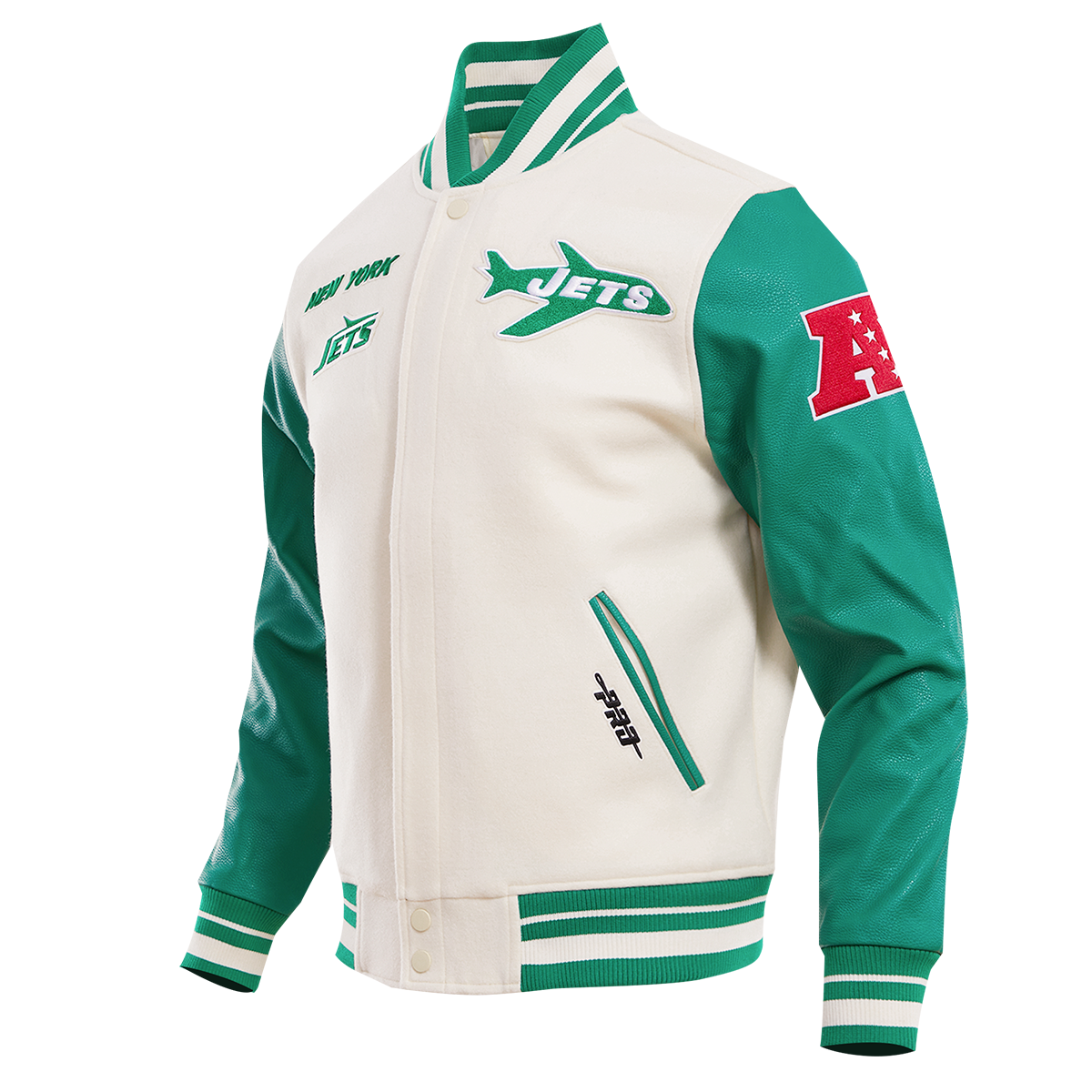 NFL NEW YORK JETS RETRO CLASSIC MEN'S RIB WOOL VARSITY JACKET (EGGSHELL/ KELLY GREEN)