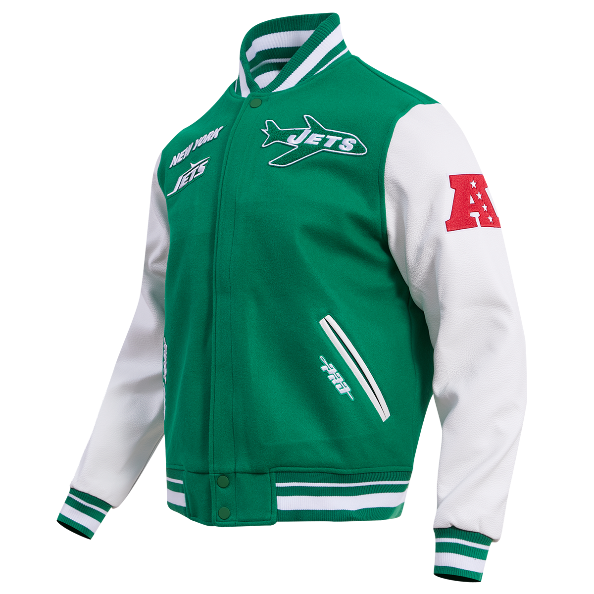 NFL NEW YORK JETS RETRO CLASSIC MEN'S RIB WOOL VARSITY JACKET (KELLY GREEN/ WHITE)