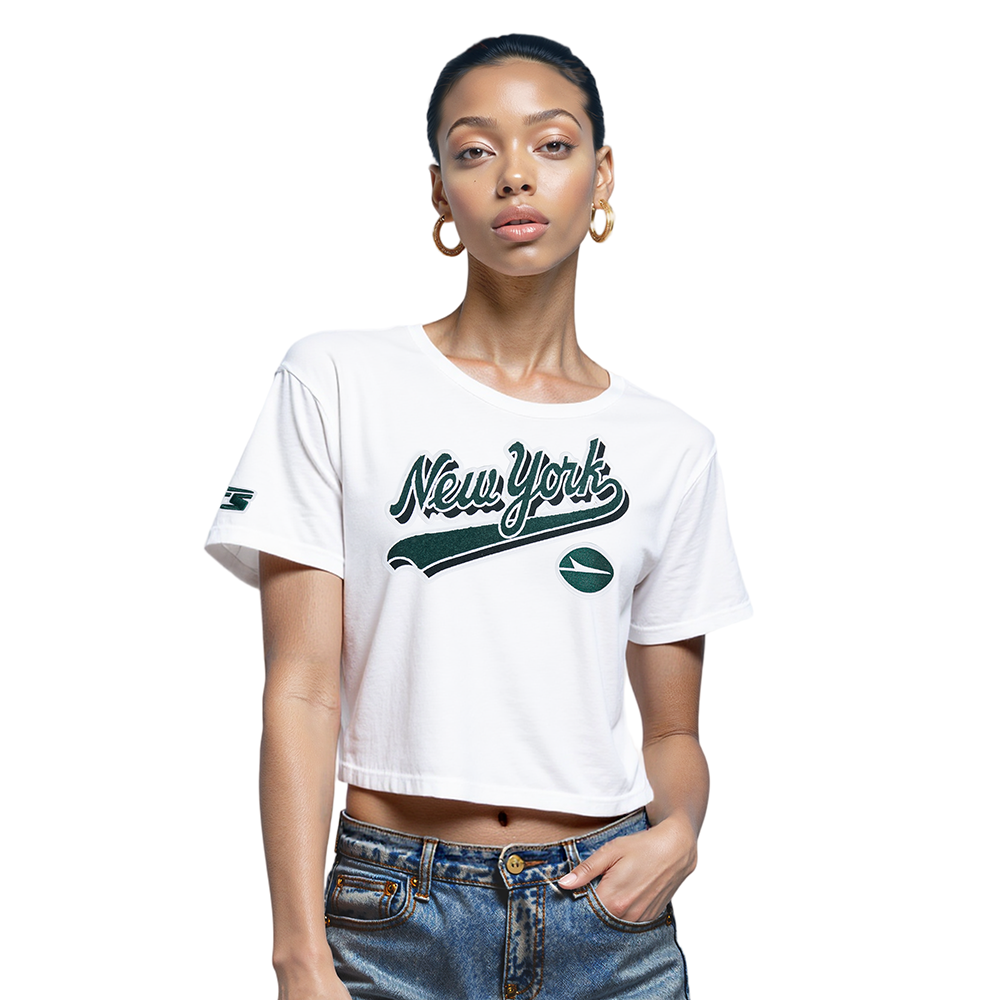 NFL NEW YORK JETS SCRIPT TAIL T-SHIRT EN JERSEY SIMPLE À COUPE CARRÉE POUR FEMME (BLANC)