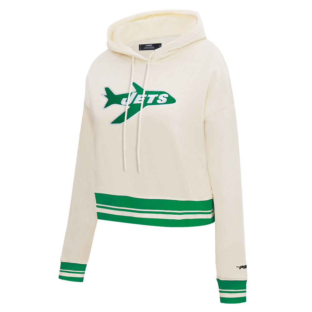 NFL NEW YORK JETS RETRO CLASSIC WOMEN'S RIB CROPPED PO HOODIE (EGGSHELL/ KELLY GREEN)