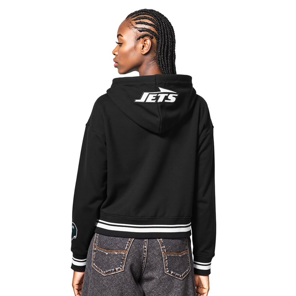 NFL NEW YORK JETS MASHUP WOMEN'S RIB CROPPED PO HOODIE (BLACK)