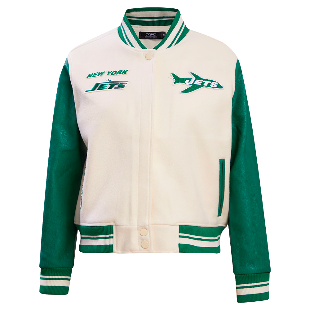 NFL NEW YORK JETS RETRO CLASSIC WOMEN'S RIB WOOL VARSITY JACKET (EGGSHELL/ KELLY GREEN)