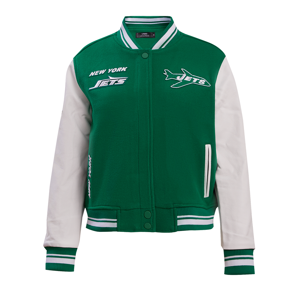 NFL NEW YORK JETS RETRO CLASSIC WOMEN'S RIB WOOL VARSITY JACKET (KELLY GREEN/ WHITE)