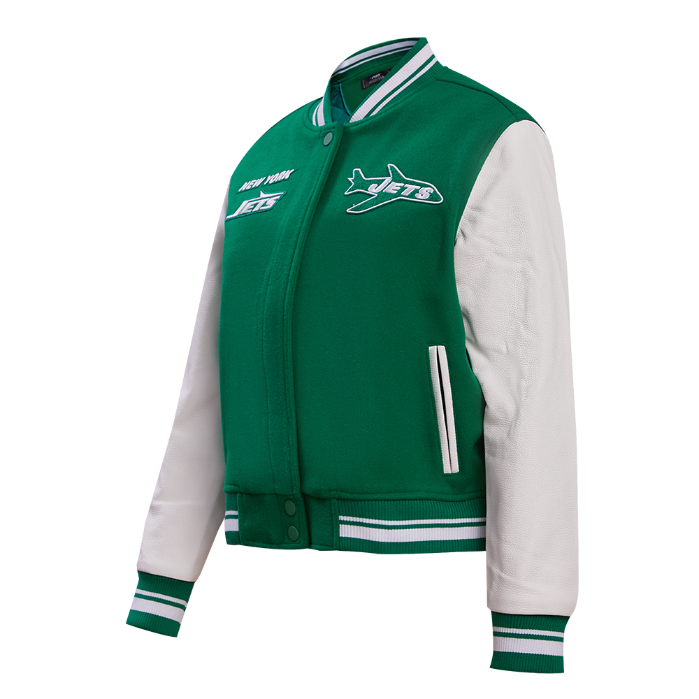 NFL NEW YORK JETS RETRO CLASSIC WOMEN'S RIB WOOL VARSITY JACKET (KELLY GREEN/ WHITE)