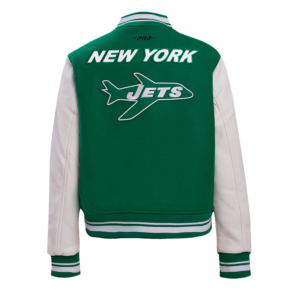 NFL NEW YORK JETS RETRO CLASSIC WOMEN'S RIB WOOL VARSITY JACKET (KELLY GREEN/ WHITE)