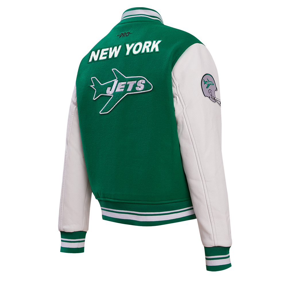 NFL NEW YORK JETS RETRO CLASSIC WOMEN'S RIB WOOL VARSITY JACKET (KELLY GREEN/ WHITE)
