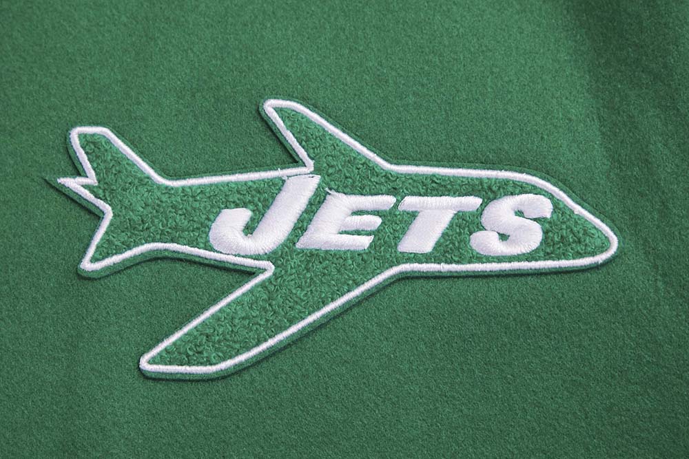 NFL NEW YORK JETS RETRO CLASSIC WOMEN'S RIB WOOL VARSITY JACKET (KELLY GREEN/ WHITE)