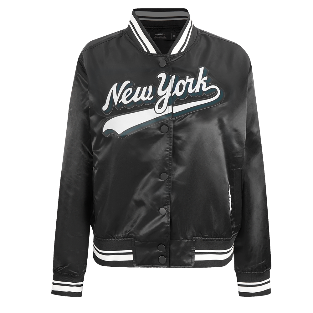 NFL NEW YORK JETS SCRIPT TAIL WOMEN'S SATIN JACKET (BLACK)