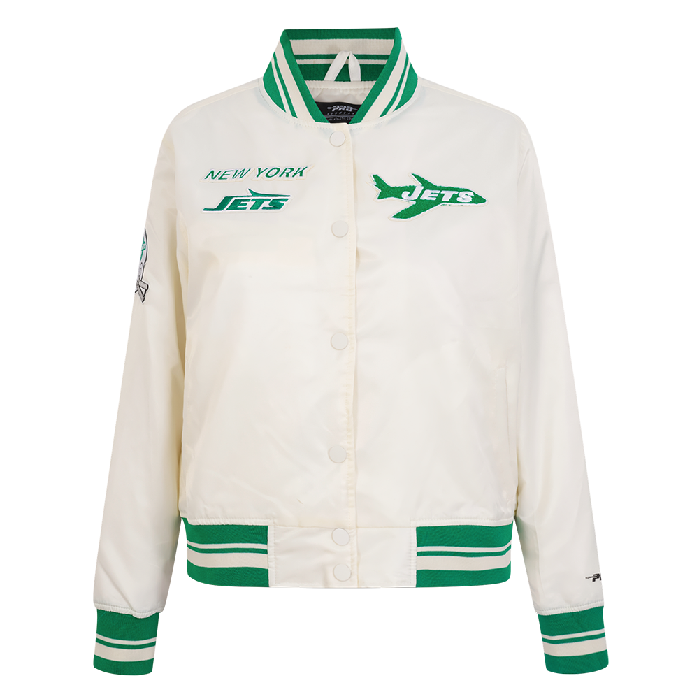 NFL NEW YORK JETS RETRO CLASSIC WOMEN'S RIB SATIN JACKET (EGGSHELL/ KELLY GREEN)
