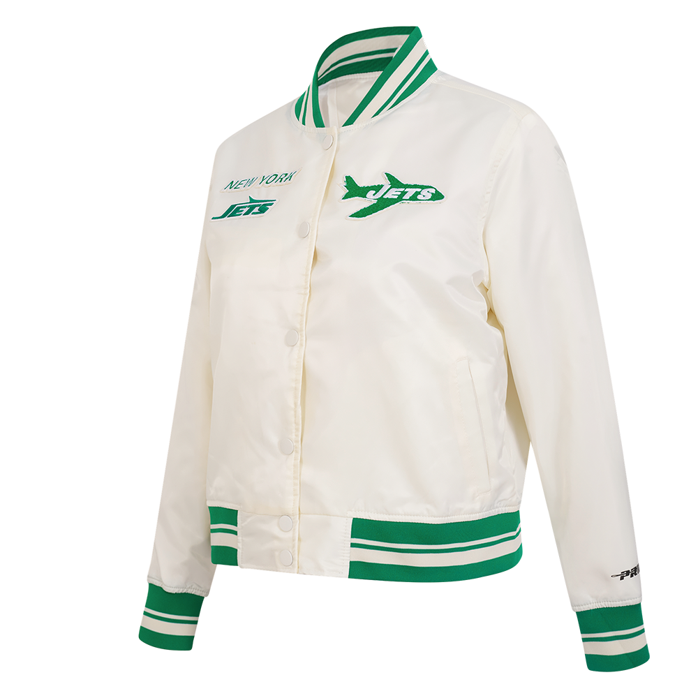 NFL NEW YORK JETS RETRO CLASSIC WOMEN'S RIB SATIN JACKET (EGGSHELL/ KELLY GREEN)