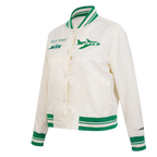 NFL NEW YORK JETS RETRO CLASSIC WOMEN'S RIB SATIN JACKET (EGGSHELL/ KELLY GREEN)
