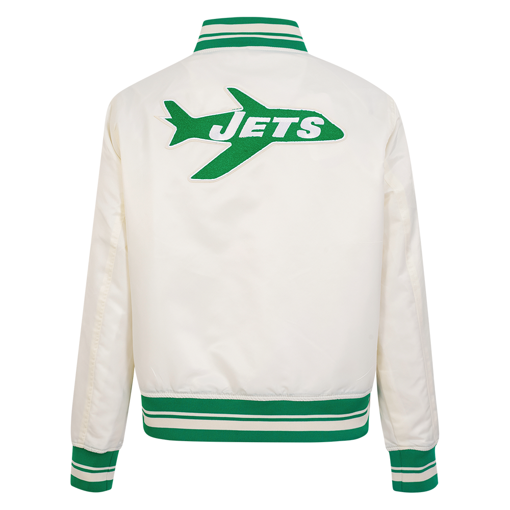 NFL NEW YORK JETS RETRO CLASSIC WOMEN'S RIB SATIN JACKET (EGGSHELL/ KELLY GREEN)