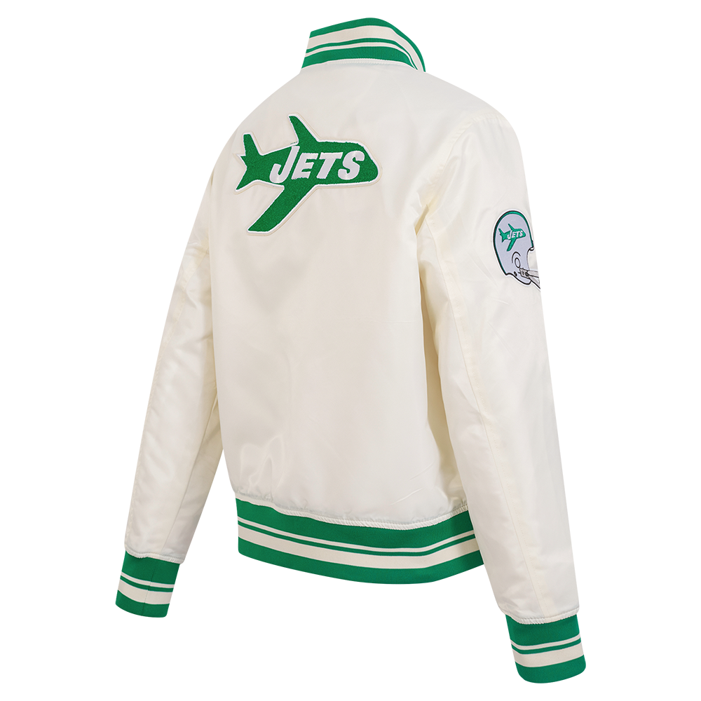 NFL NEW YORK JETS RETRO CLASSIC WOMEN'S RIB SATIN JACKET (EGGSHELL/ KELLY GREEN)