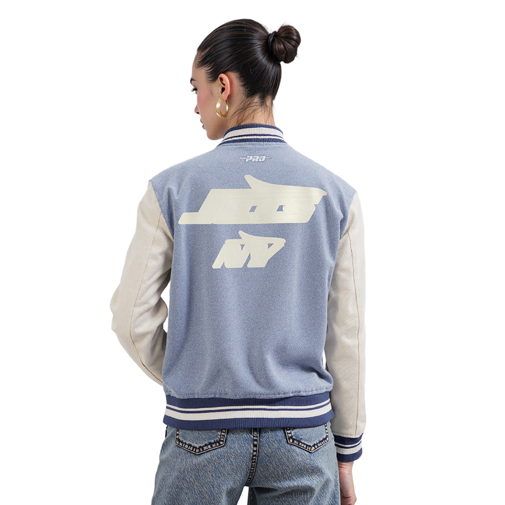 NFL NEW YORK JETS VARSITY BLUES WOMEN'S DENIM VARSITY JACKET (DENIM/LINEN)