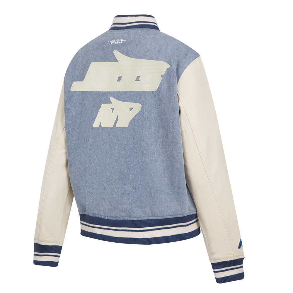 NFL NEW YORK JETS VARSITY BLUES WOMEN'S DENIM VARSITY JACKET (DENIM/LINEN)
