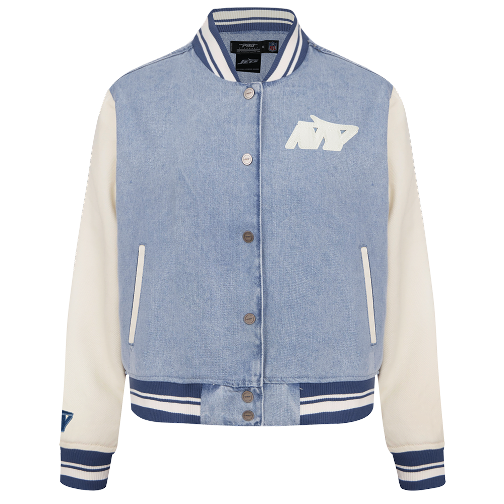 NFL NEW YORK JETS VARSITY BLUES WOMEN'S DENIM VARSITY JACKET (DENIM/LINEN)